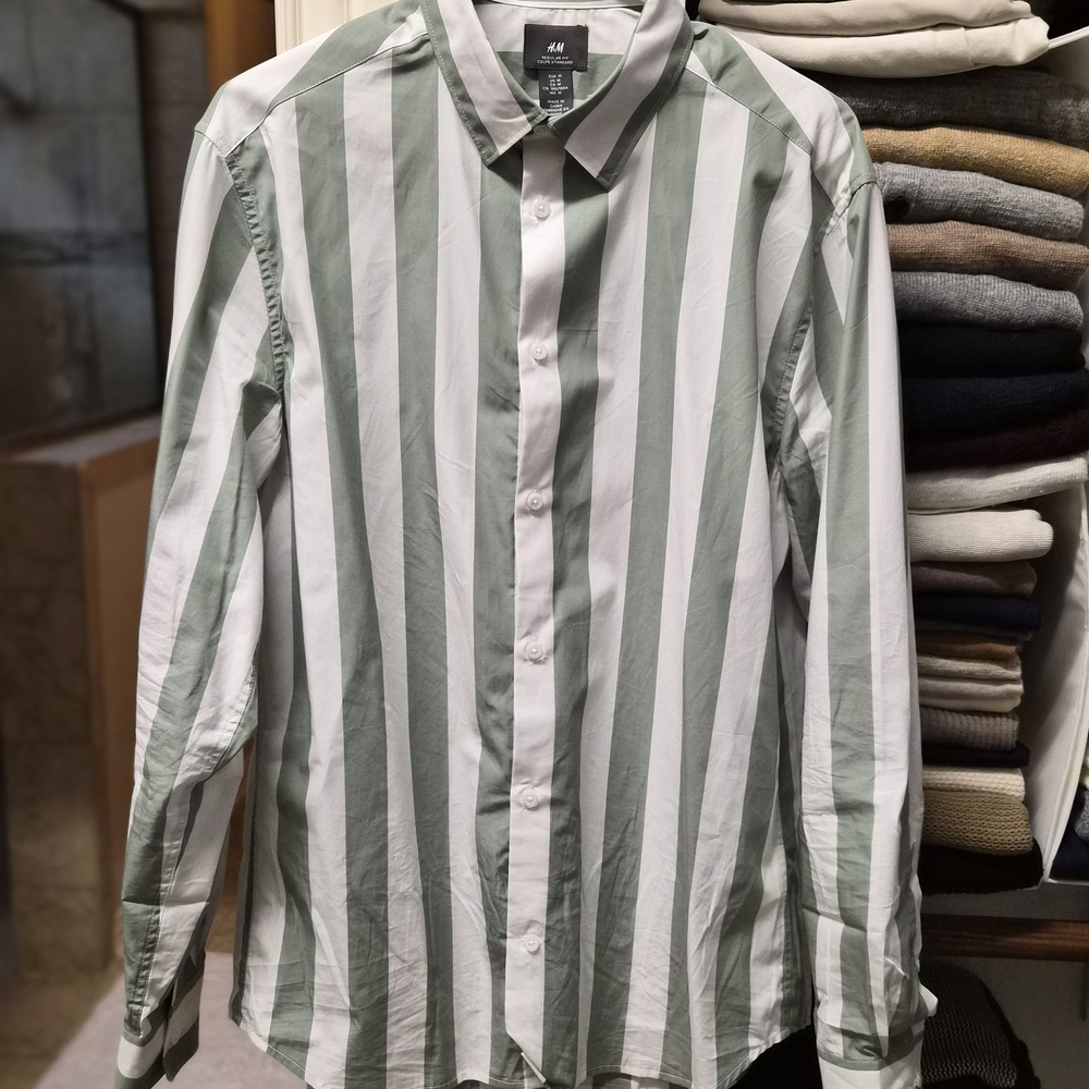 H&M Men's Shirt with Green and White Stripes